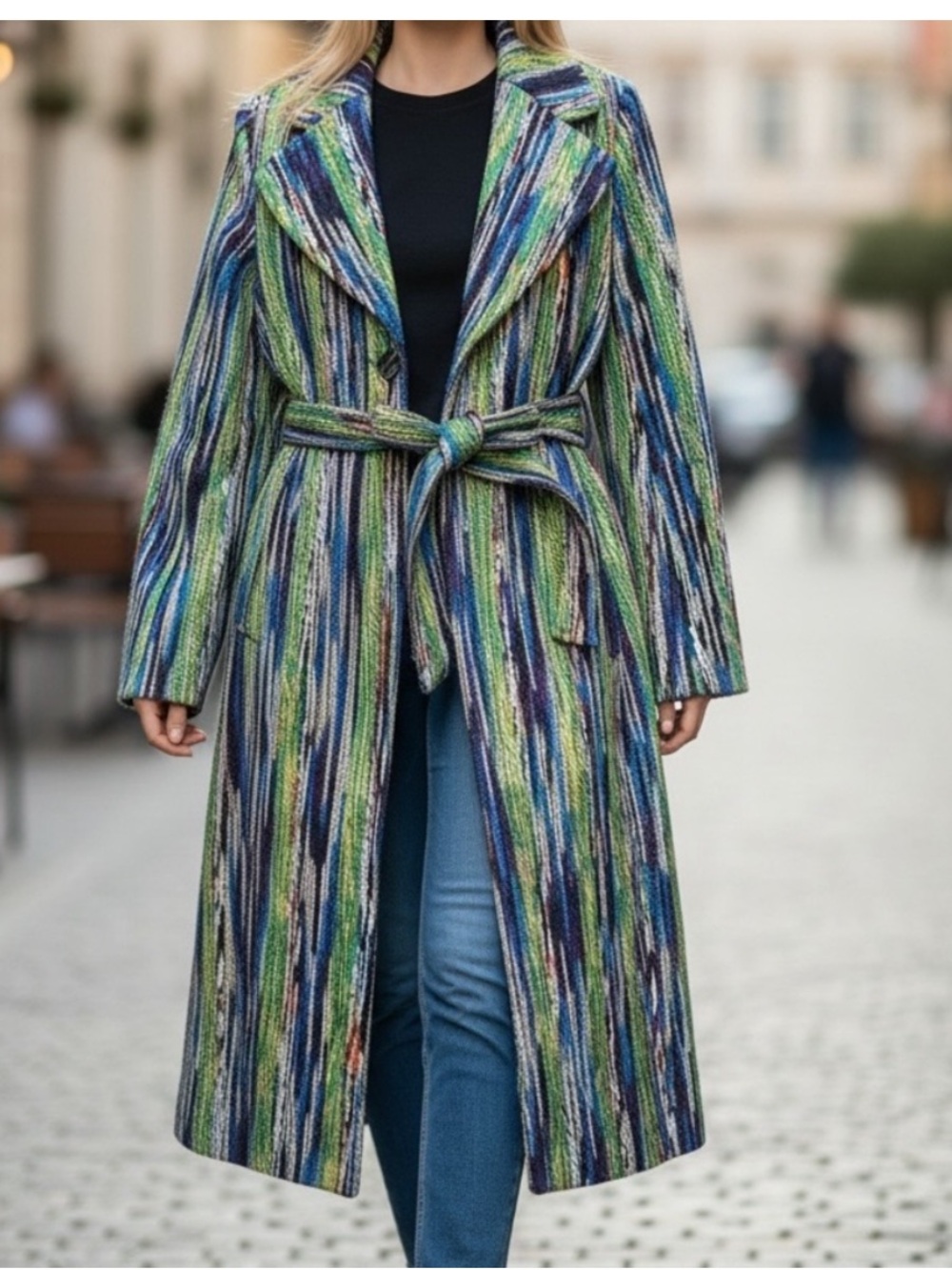Kathy Ireland NWT L Multicolor greens & blues Belted Trench Coat